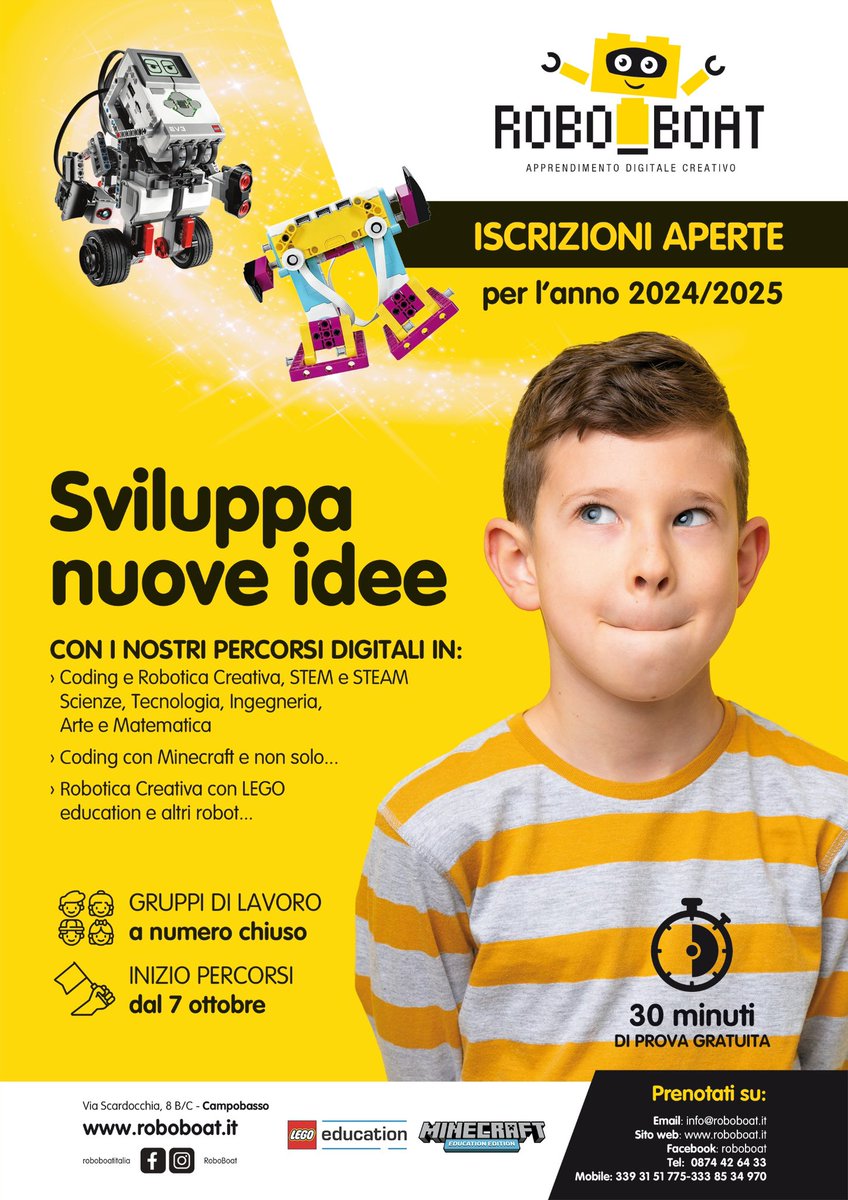 ⚫️🟡  Sviluppa nuove idee con i nostri Percorsi di Apprendimento Digitale Creativo

😍 Nuovi Percorsi di Coding e Robotica Creativa, Stem e Steam stanno per iniziare! 

🗓️ Iscrizioni aperte ! Prenota una prova gratuita di 30 min. 

👉 roboboat.it/sviluppa-nuove…

#coding #robotics