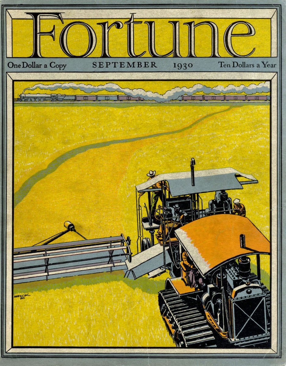 LRonLacy's tweet photo. #Fortune for #SEPTEMBER 1930
Cover of *Fortune*, September 1930
#Illustration by Peter Helck (1893-1988)
👉ALT
#FortuneCover #illustrationart #illustrationartists #graphicdesign #PeterHelck #agriculture #farming #harvest #combine #mechanization #wheat #railroad https://t.co/o9I6XkT3G1