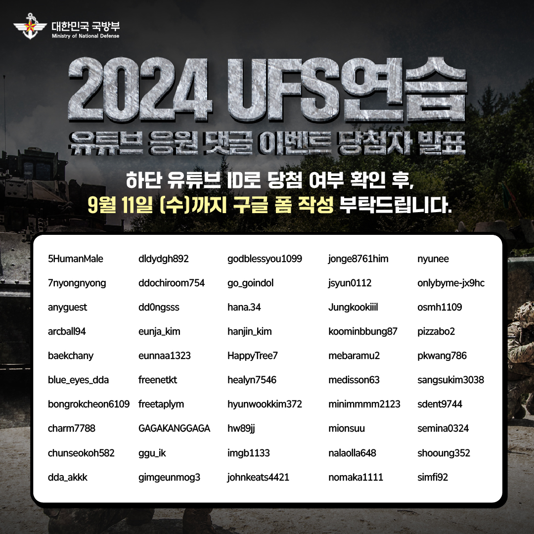ROK_MND's tweet image. 2024 UFS연습 국군장병 응원 이벤트 | 당첨자 공개! 

한미는 연합방위태세 확립을 위해 
USF연습을 시행하였습니다.

국민의 생명과 안전을 지키기 위해
최선을 다할 우리 국군을 응원해주세요.
#Alliance #Exercise #WeGoTogether #같이갑시다 #네이버페이 #댓글 #이벤트 #event #대한민국 #국방부