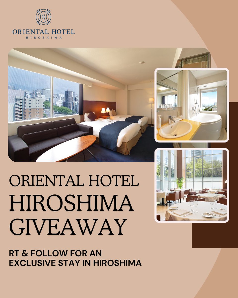 #Giveaway 🥳
Enter for your chance to win an overnight stay at Oriental Hotel Hiroshima! - JAPAN

3 Lucky Pairs🧑‍🤝‍🧑, with breakfast included!

To participate, simply re-tweet this post and follow <a href="/Oriental_HR/">Oriental_HR</a>

T&amp;Cs apply: terms-on.com/ohh824/
Giveaway ends September 19th