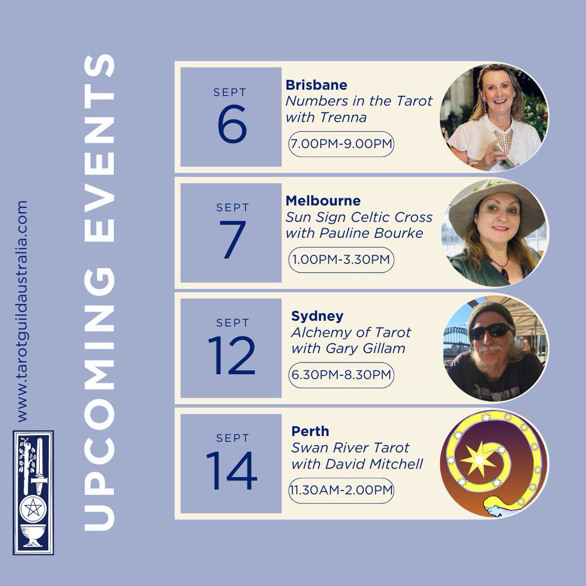 TarotGuildAus's tweet photo. September events at the Tarot Guild, check the website for all the details https://t.co/hlqaslJkzW
#tarotguild #tarot #tarotreading #tarotcards #tarotreadersofinstagram #tarotcardreading https://t.co/G4grADKEjZ
