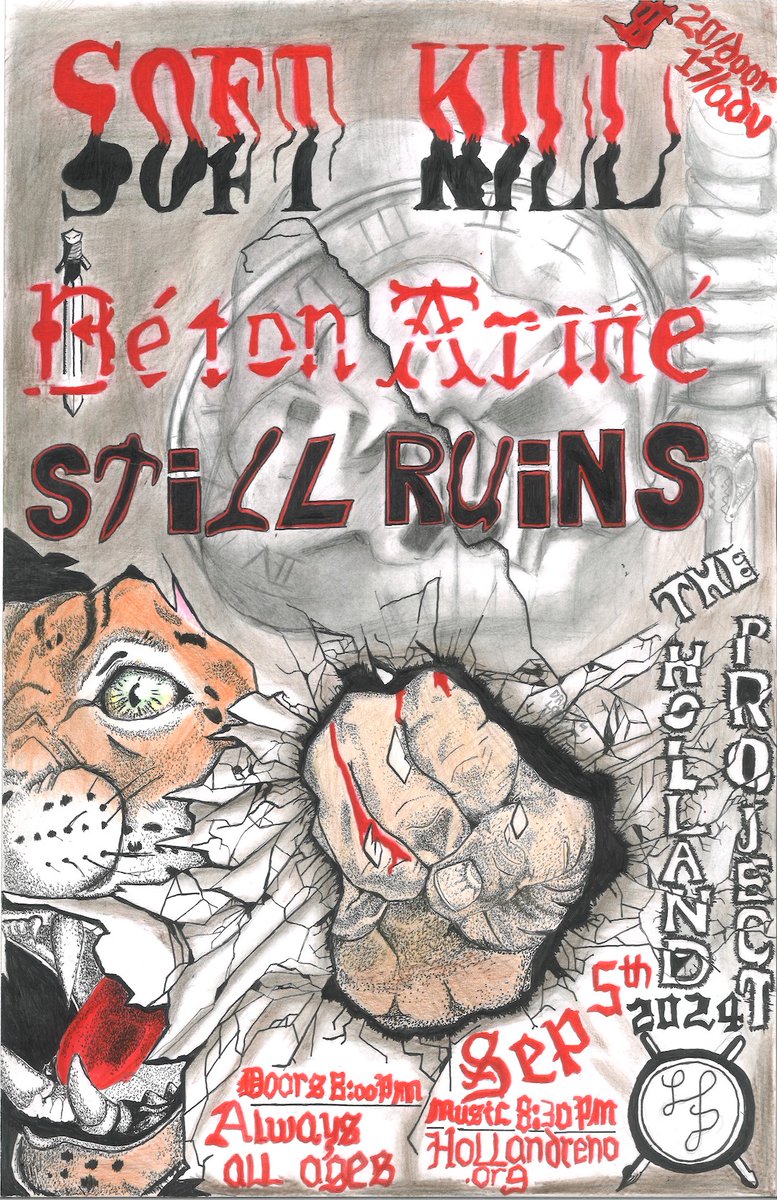 SOFT KILL, Béton Armé, and Still Ruins are here TONIGHT 9/5 and its a night to remember, no snoozin'. 8pm • $20. 🐅 Excellent poster art by Jacob McCoy