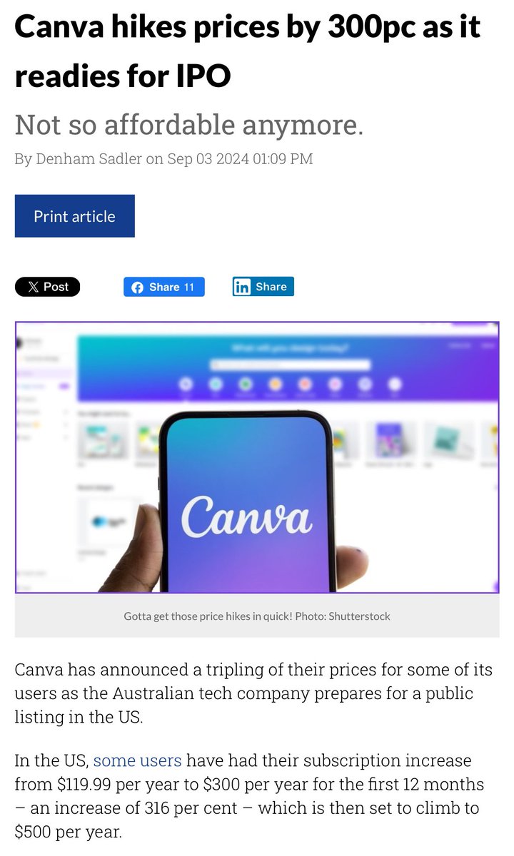 So who’s pissed off about Canva jacking up prices by over 3x? And Canva Teams used to be all in for up to five people, now everyone gets charged on top of a price hike.

Can’t be a billionaire without fleecing customers, right? Are the AI features really worth that much?