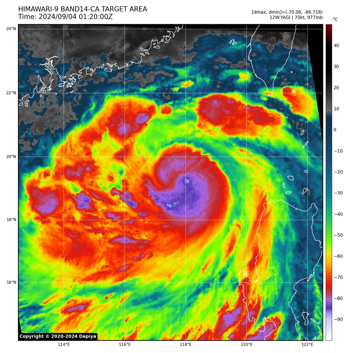 xoriwx's tweet image. Typhoon #Yagi(#EntengPH) is now undergoing rapid intensification. Dual VHTs rotating around the eye have appeared and the CDO is visibly maturing. We&apos;ll likely be looking at a major typhoon in ~12hrs.