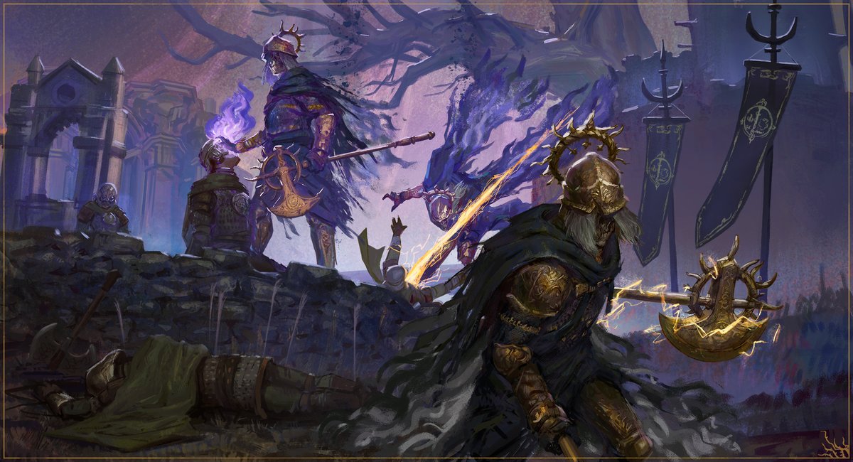 #ELDENRING #39ERDTREE 
"[The Death Knights], once Godwyn's personal guard, quested to find their transfigured master's cadaver surrogate—for the coming age of the Duskborn."