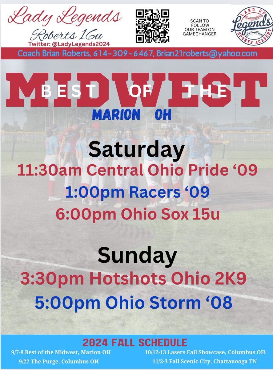 Lady Legends 16u-Roberts will take the field for the 1st time as a group this weekend at Best of Midwest in Marion, OH. Come out and watch my girls ball out all weekend!
<a href="/Mackenzie_7777/">Mackenzie Fletcher</a> 
<a href="/m_gerhardt08/">Morgan Gerhardt</a> 
<a href="/kinleyw2027/">Kinley Waltman</a> 
<a href="/LeilaMo1021/">Leila Morrison</a>