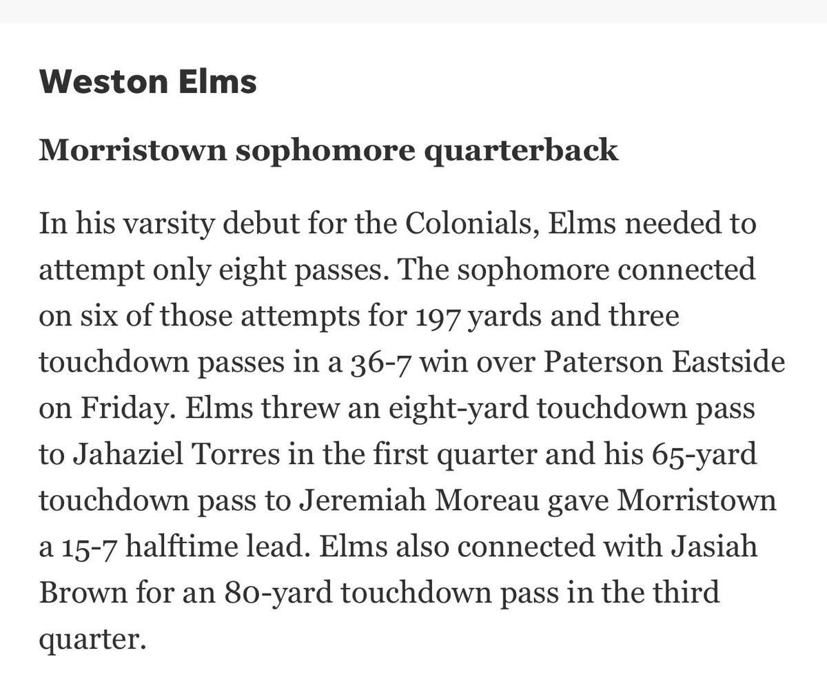 Vote for Weston for the Morris/Sussex player of the week! <a href="/MotownNation/">Morristown Colonials Football</a> <a href="/WestonElms/">Weston Elms</a> 

dailyrecord.com/story/sports/h…