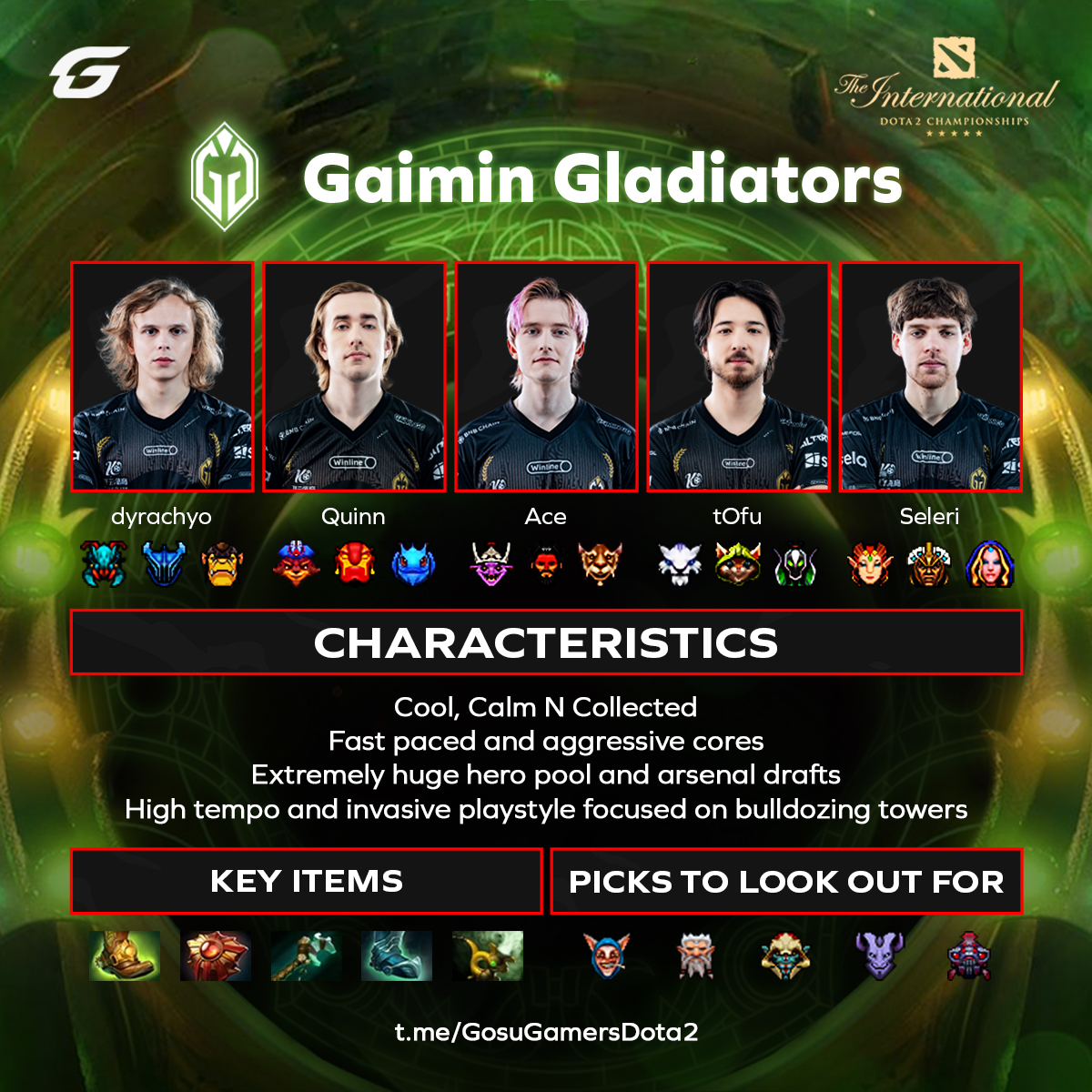 Now let's talk about none other than <a href="/GaiminGladiator/">GG | Gaimin Gladiators ⚔️</a>. 

The team focuses on a high-tempo, invasive playstyle focused on bulldozing towers. They have an extremely huge hero pool and arsenal of drafts, with fast-paced and aggressive cores.

#Dota2 #TI13
