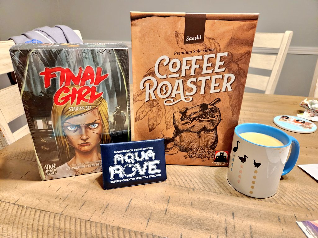 EmmettMaps's tweet photo. Welp..  several orders of solo games came in at once this evening. Guess I'm not sleeping! Fresh cup of coffee and Coffee Roaster from @dlp_games ready to go to start the night.

#boardgames #boardgame #sologaming

@buttonshy : AquaRove
@VanRyderGames : Final Girl https://t.co/Oo4ASfmkEP