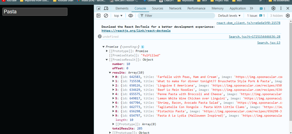 CodingKevCare's tweet image. Day 29 of #100DaysOfCode 
In my project 
I'm trying to search for food like pasta from my search bar and in the background the food data must be fetched and be displayed.
The useEffect hook helps us with that:
- It's a hook that allows us to do side effects like fetching data.