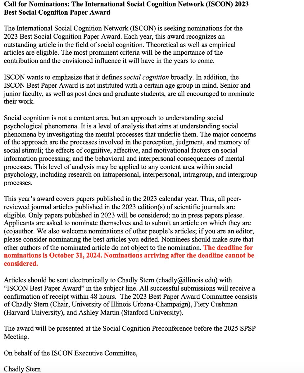 Call for nominations: The International Social Cognition Network (ISCON) 2023 Best Social Cognition Paper Award. See below for details, spread widely &amp; reach out if you have any questions.