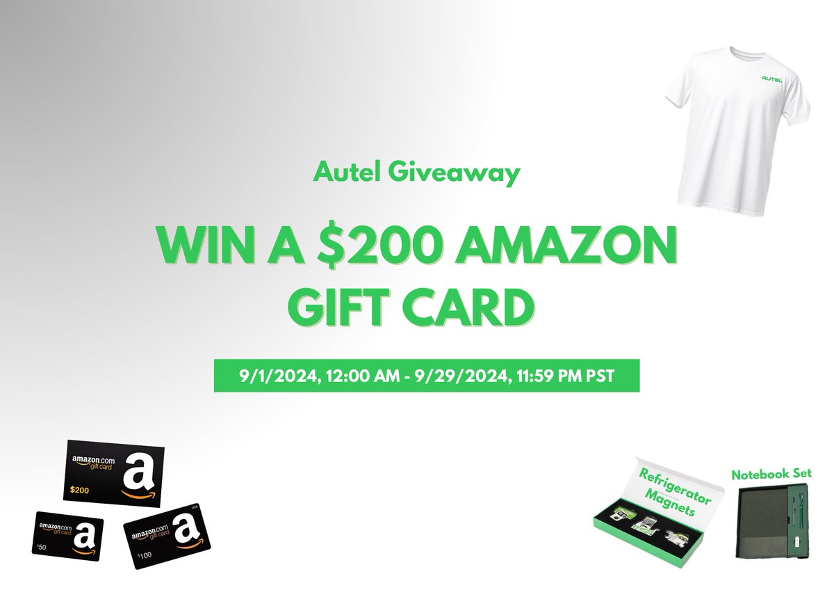 AutelEnergyShop's tweet photo. ⚡️Autel #GiveawayAlerts 
We’re giving away: 

🎁$200, $100, $50 Amazon E-Gift Cards and Autel Gift Sets! 
🏆10 lucky winners!
📢Winners will be picked on 9/30/2024
✅Enter here: https://t.co/0dkHF80VJG

 #Giveaway  #Tesla #ev #autelevcharger https://t.co/Jd0nGs4eky