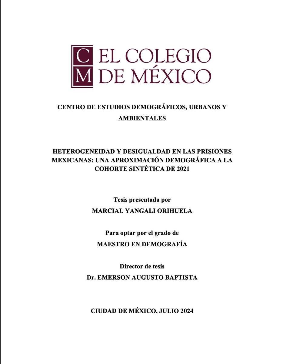 MarcialYangali's tweet photo. Hoy entregué la tesis de maestría (Demografía en el @CEDUAcolmex): ‘Heterogeneidad y desigualdad en las prisiones mexicanas’

Agradezco a @emerson_baptist por su apoyo en cada paso del camino.

Algunos resultados fueron presentados este año en la @PopAssocAmerica y vamos por más. https://t.co/sdQRGcLi1G