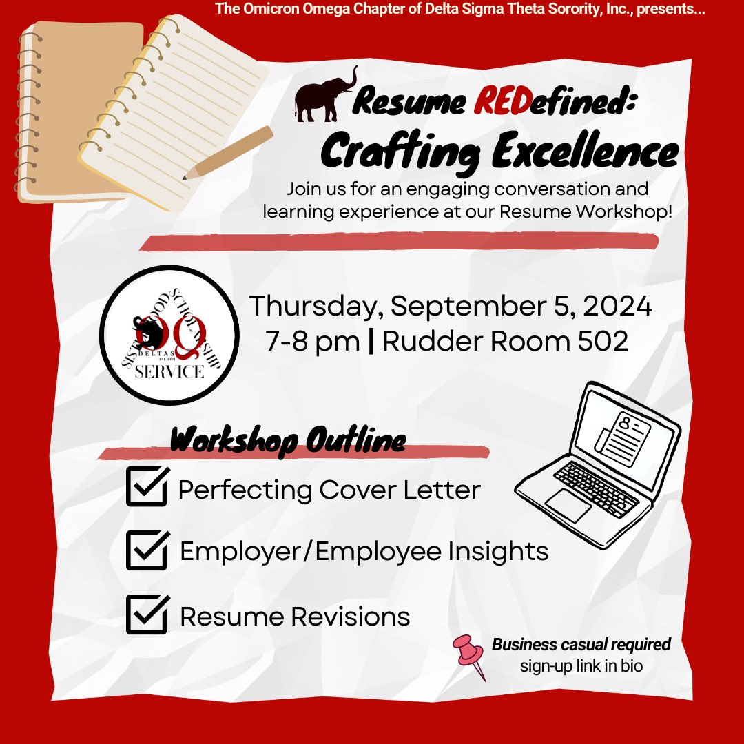 Ready to kick off the school year with purpose and professionalism? Join us this Thursday for our first event of the year- a Professional Resume Workshop!🌟We can't wait to see you there!🐘❤️ 
• Use the RSVP link below:
docs.google.com/forms/d/e/1FAI…