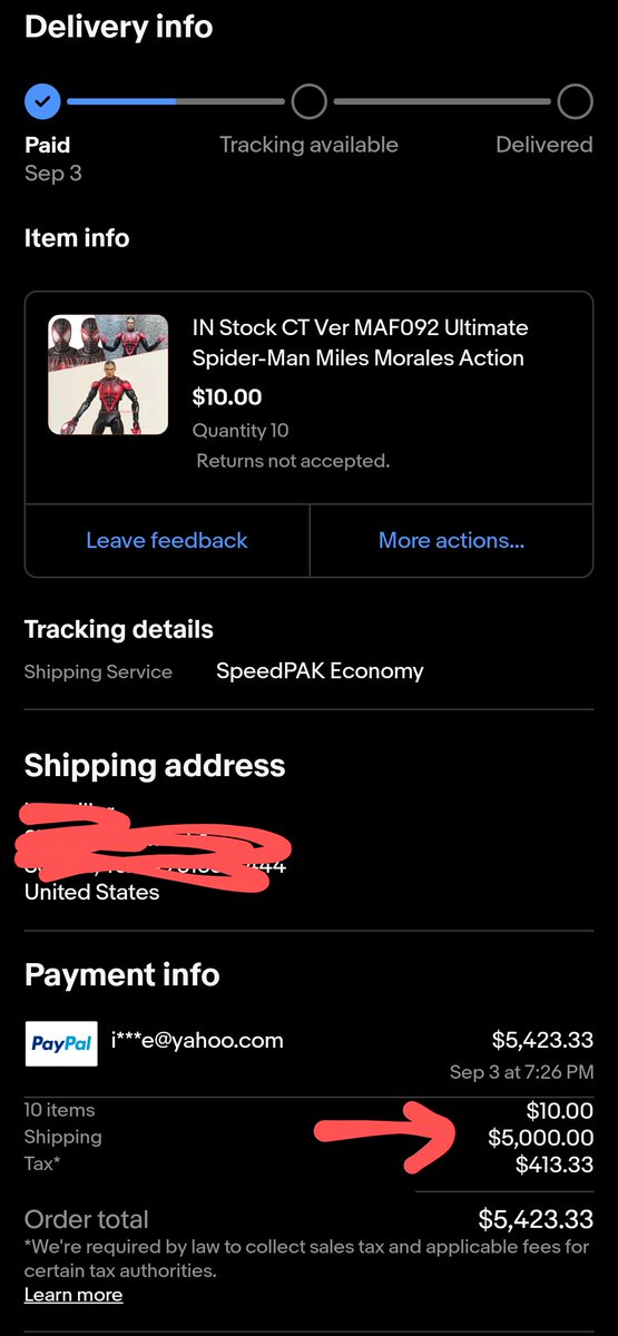 CydeSwype's tweet photo. @eBay you may want to consider some automatic fraud detection that prohibits a $10 item from being allowed to charge $5k in shipping. This is embarrassing that this fraud is allowed on your platform. Someone gained access to my account and made this purchase. https://t.co/X2agnYy8RB