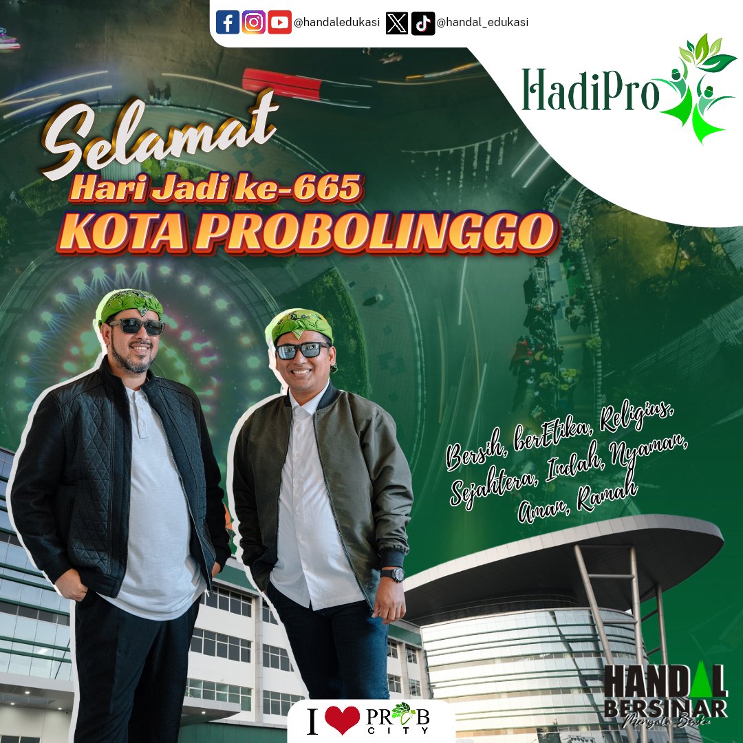 Selamat Hari Jadi ke 665 Kota Probolinggo,
Mari kita jaga kedamaian dan keamanan kota kita tercinta. Jangan mudah terpecah belah dan adu domba.
Kita jaga Kota Probolinggo agar selalu guyub rukun dan selalu kondusif.

#HandalEdukasi
#HabibHadi2periode
#handalbersinar