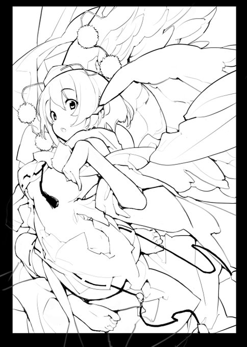 線画だけ描いたけどなかなか塗りが進まなくて放置気味になっている射命丸文 