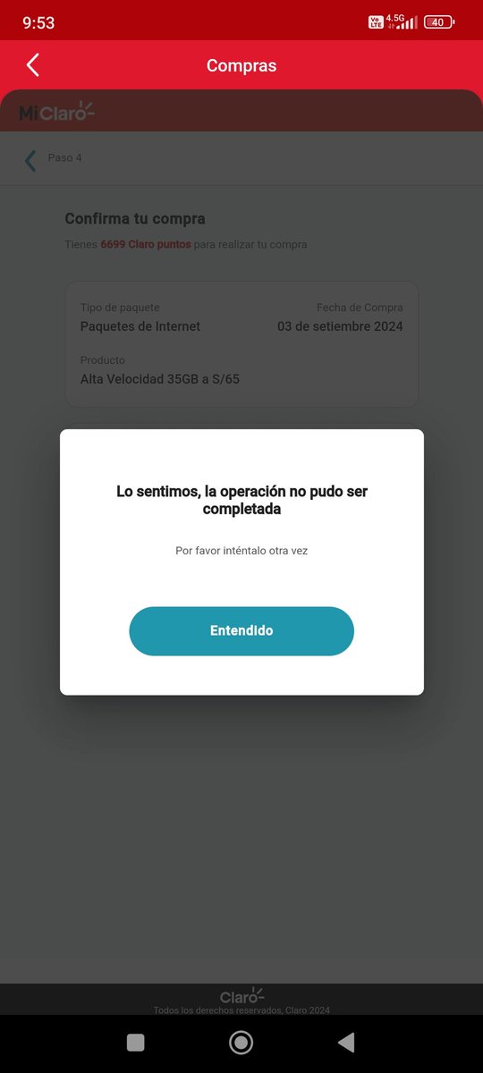 PeruBetaOficial's tweet photo. @ClaroPeru quería cambiar mis claros puntos por 35 GB pero me sale este mensaje desde la app de #MiClaro desde la web también me sale lo mismo hace unos meses atrás también reporte esto pero sin ninguna respuesta por su parte. https://t.co/j6uWHq3DjJ