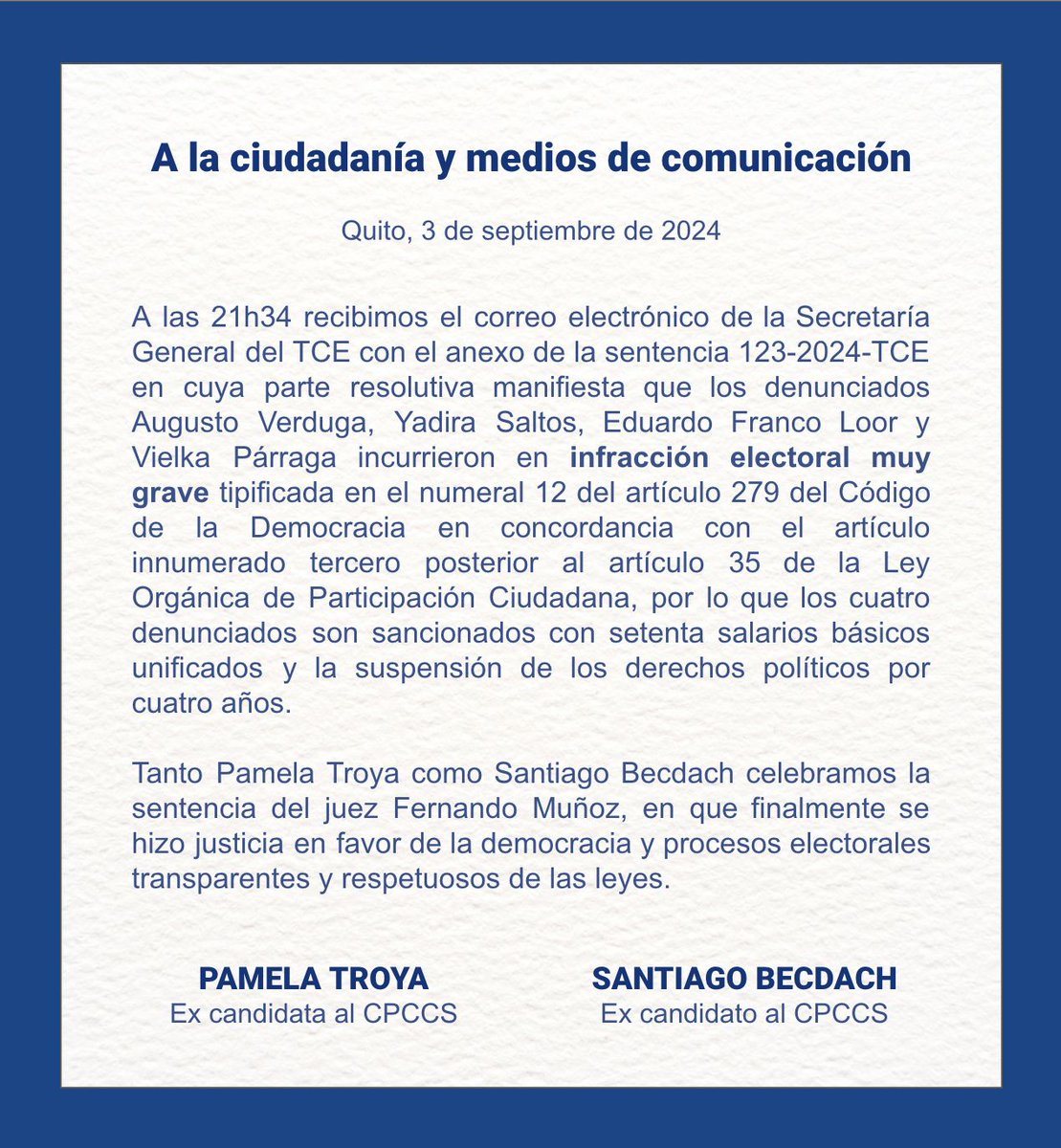 pametroya's tweet photo. No solo ganamos @Sbecdach y yo, sobre todo, ganó la democracia y la exigibilidad del cumplimiento de las leyes y la normativa en los procesos electorales. 
Gracias a todas las personas que nos han apoyado en esta lucha.
Los cuatro de #LaLigaAzul del @CpccsEc se van a su casa. https://t.co/Uu1WnoCRDJ