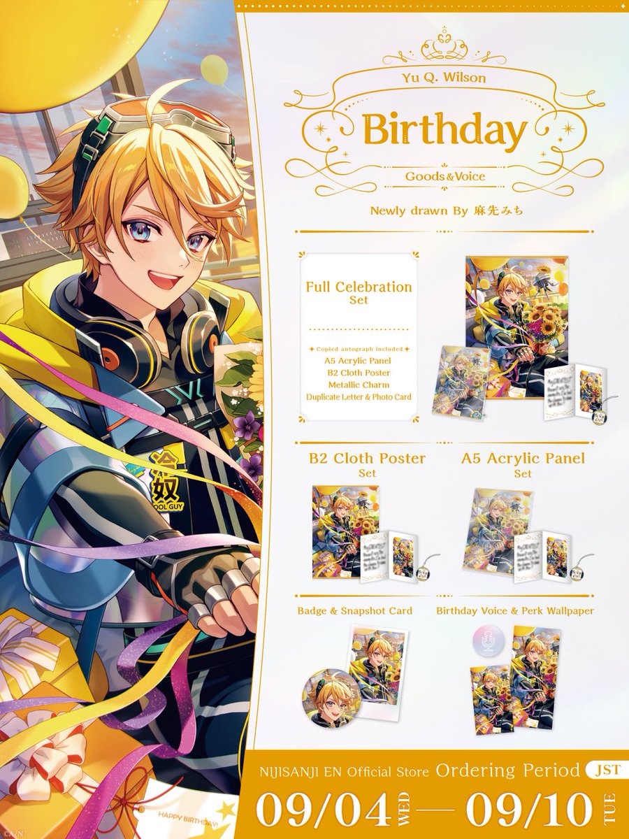 NIJISANJI_World's tweet photo. 【🎂Yu Q. Wilson Birthday Goods &amp; Voice 2024 on sale】

🥽Celebrate @YuQWilson's birthday with Birthday Goods &amp; Voice on the #NIJISANJI_EN Official Store!

⏰Available until
Sep 10 (Tue), 7:59 PDT

🔻Store
https://t.co/Jztj0ve1Cc https://t.co/Vz73Mi8f5G