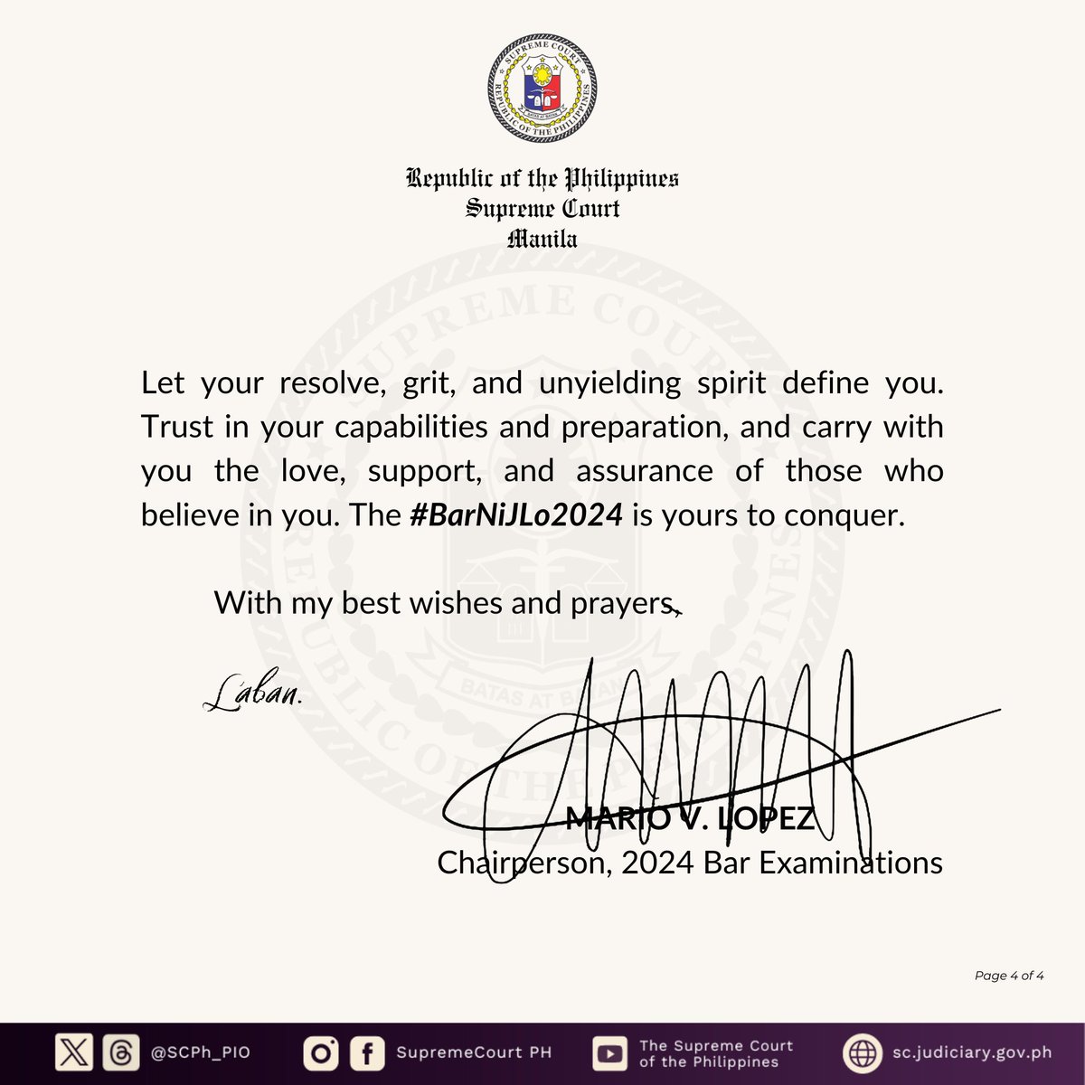A message from the Supreme Court Associate Justice Mario V. Lopez, Chairperson of the #Bar2024 Examinations, to the Bar candidates:

sc.judiciary.gov.ph/2024-bar-chair…

#BarNiJLo2024
#MostValuableLaban
#MarVeLousBar
#SupremeCourtPH