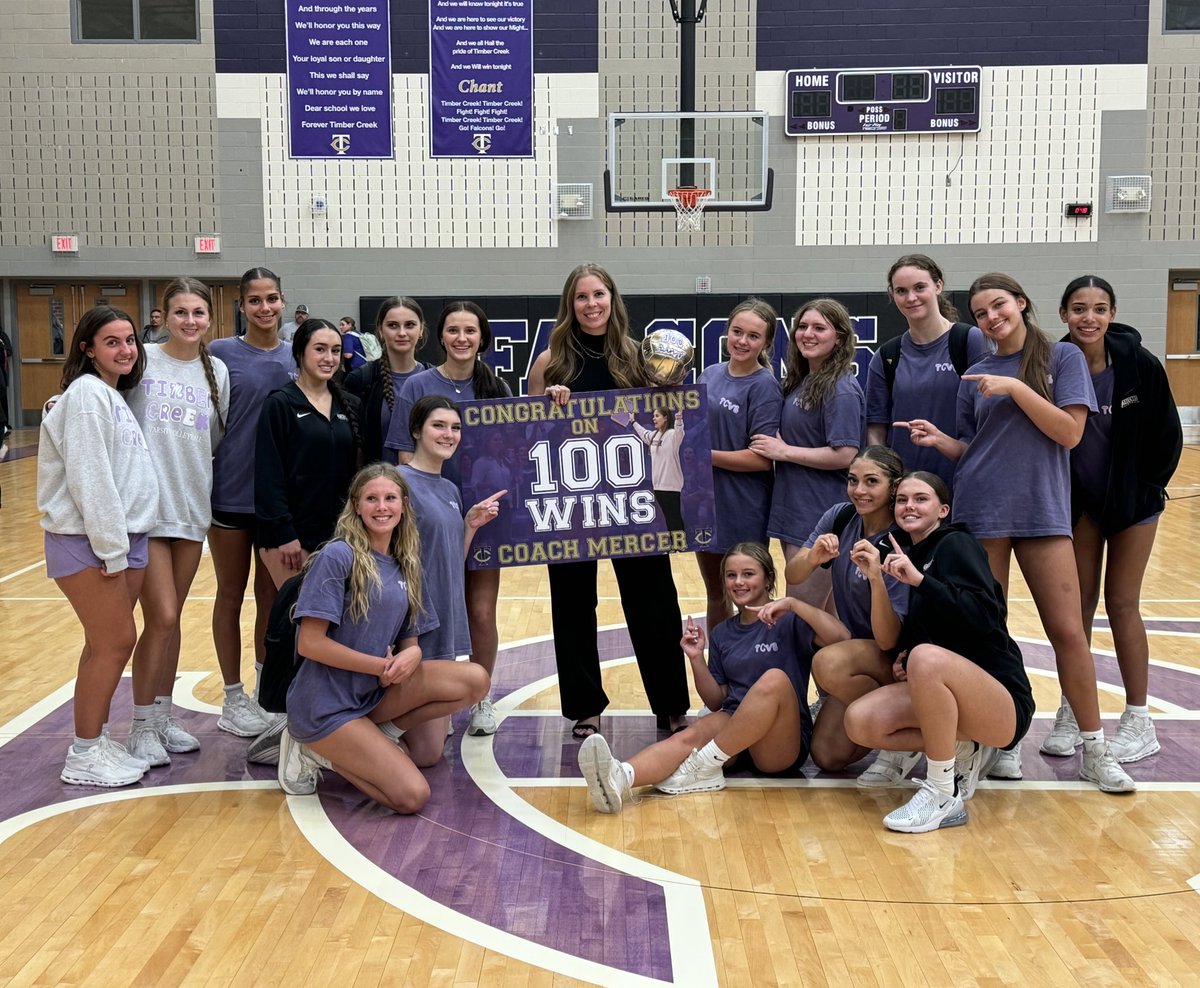 Celebrating Coach Mercer tonight for reaching 1️⃣0️⃣0️⃣+ career wins while HC at Timber Creek!  Congratulations!! 💜🏐💜
