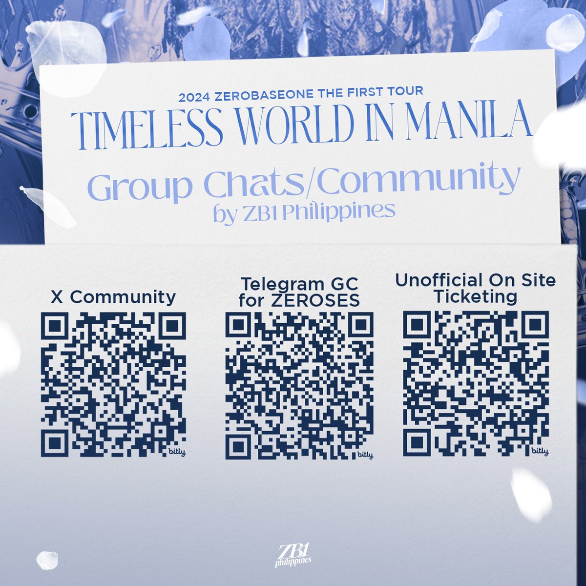 2024 ZEROBASEONE THE FIRST TOUR: TIMELESS WORLD IN MANILA

Stay updated on all the latest updates about ZEROBASEONE's upcoming concert in Manila by joining our Telegram channels and X community. Don't miss out on any important announcements!

X Community: