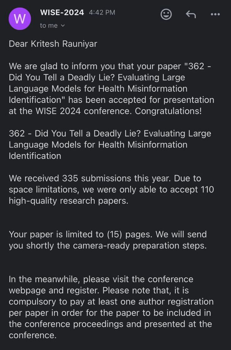 rkritesh210's tweet photo. Our paper, "Did You Tell a Deadly Lie? Evaluating Large Language Models for Health Misinformation Identification", has been accepted at WISE 2024 conference.

This paper evaluates seven LLMs for health misinformation detection across four datasets, tested in five settings. #LLMs https://t.co/ebjgOnlkvi