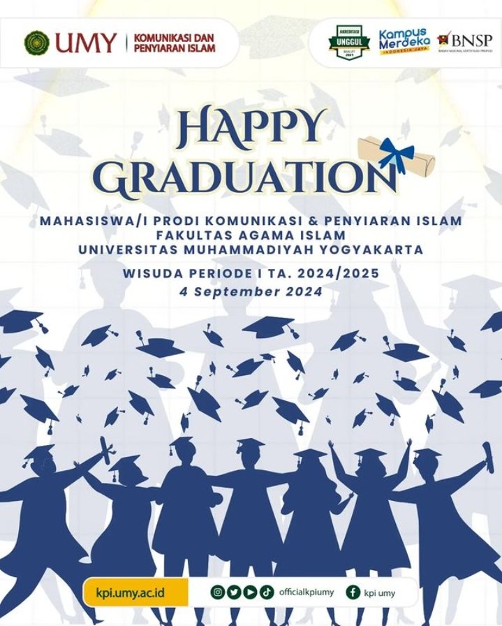 Keluarga besar KPI UMY mengucapkan selamat wisuda bagi semua wisudawan KPI hari ini, dan juga wisudawan <a href="/UMYogya/">UMY</a>. Semoga barokah ilmunya dan lancar karir serta kehidupannya ke depan. 🙏🏾