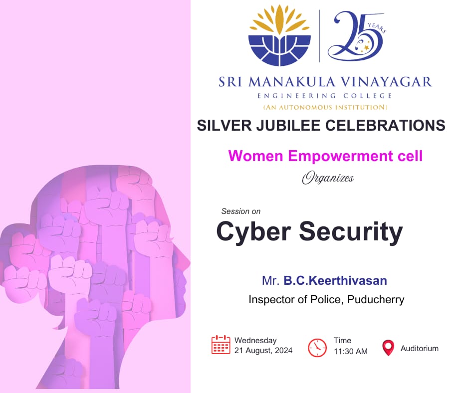 SMVEC2's tweet photo. Women Empowerment Cell has organized a session on Cyber security on 21-08-2024 at 11.30am.B.C.Keerthi, Inspector , Cyber crime, Puducherry provided awareness on Cyber threats , elaborated about online safety and security to the unique challenges women faced in the digital world. https://t.co/NrryiUhghd