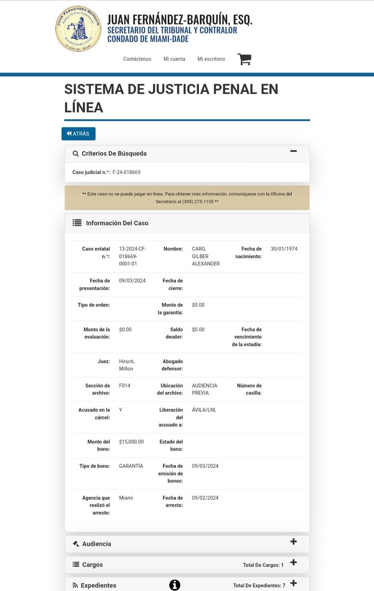 MaihenH's tweet photo. El caso de Gilber Caro, tal como se presenta en los documentos judiciales del estado de Florida, contradice las declaraciones emitidas por su partido político, @VoluntadPopular. El comunicado asegura que Caro fue declarado no responsable del accidente que resultó en la muerte de una persona y que será liberado bajo fianza. Sin embargo, una lectura cuidadosa del expediente judicial revela varias discrepancias que sugieren que el comunicado es inexacto y podría estar manipulando la narrativa para proteger a Caro:

1. Alegación de No Responsabilidad por el Accidente: El comunicado afirma que las autoridades estadounidenses exoneraron a Caro de la responsabilidad en el accidente fatal. Sin embargo, en el expediente se menciona que Caro fue arrestado el 02/09/2024 y que está bajo custodia, lo que contradice la afirmación de su inocencia. De hecho, el expediente registra que Caro se enfrenta a cargos por homicidio, con una referencia directa a la asignación de su caso a la Unidad de Homicidios el 03/09/2024. Esto sugiere que las autoridades consideran el caso como un posible homicidio, no simplemente un accidente donde Caro es una víctima.

2. Huida de la Escena del Accidente: El comunicado intenta justificar la huida de Caro, citando su estrés post-traumático debido a años de persecución y tortura en Venezuela. Sin embargo, este tipo de justificación no cambia la naturaleza del crimen en la ley estadounidense. El expediente señala que la fianza se fijó en $15,000 y que se celebrará una audiencia de acusación el 02/10/2024. Esto confirma que Caro enfrenta cargos serios y que huir de la escena del accidente no fue visto como una acción justificable por las autoridades estadounidenses. Más bien, esto agrava su situación legal.

3. Toxicología y Conducta: Aunque el comunicado menciona que Caro resultó negativo en los exámenes toxicológicos, el expediente no menciona estos exámenes ni exculpa a Caro de responsabilidad. De hecho, la referencia a la primera audiencia de fianza y la designación de un defensor público (lo que sugiere que Caro no pudo pagar un abogado privado) indica que el proceso judicial sigue su curso debido a la gravedad de las acusaciones, lo que contradice la idea de una exoneración rápida y completa.

4. Narrativa Manipulada por el Partido: Voluntad Popular intenta presentar a Caro como una víctima de las circunstancias, destacando su rol como ex preso político y miembro de la Asamblea Nacional, para desviar la atención de los hechos. Sin embargo, el sistema judicial estadounidense no emite decisiones basadas en el estatus político de los individuos, sino en los hechos y la ley. La decisión de otorgar fianza no significa que Caro esté libre de culpa, sino que el sistema judicial está permitiendo que Caro enfrente sus cargos fuera de la cárcel mientras el caso sigue en curso. 

5. El partido político de Gilber Caro está tratando de encubrir la realidad de los hechos, probablemente para proteger su imagen pública y su carrera política. El expediente judicial sugiere que Caro no ha sido exonerado completamente de responsabilidad y que enfrenta un proceso judicial serio por homicidio, con una fianza fijada y un futuro juicio. Las afirmaciones de que fue "liberado" de toda responsabilidad son falsas y engañosas. 

Aquí está el enlace directo a la búsqueda de casos en Miami-Dade:

https://t.co/dSaJEbFnLS

Luego va dónde dice Jail Number (Número de cárcel): coloca 24 y  alado coloca 0154287, como también se muestra en la captura. Y así usted puede verificar todo.