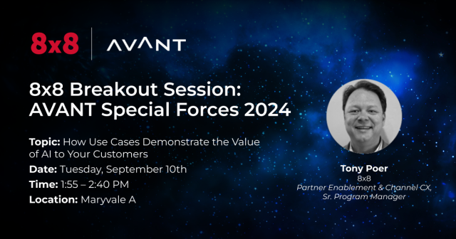 deepakmehta_2's tweet photo. Join Tony Poer of @8x8 for 2 breakout sessions at @AVANT_CCC #SpecialForces2024! On Sept 9, discover the evolving communications landscape of #MSTeams &amp; beyond, &amp; on Sept 10, find out how use cases can demonstrate the value of #AI to customers. #8x8Elevate https://t.co/paf9Q0mA6B https://t.co/911aFmMXLV