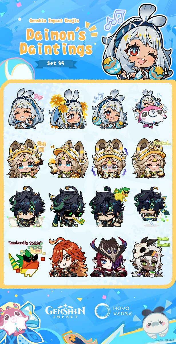 GenshinImpact's tweet photo. Paimon's Paintings Set 35 Emojis Now Available!

Greetings, Travelers! The latest emojis from #GenshinImpact are now available on HoYoLAB! Paimon's Paintings include a collection of chibi emojis of various Genshin Impact characters. We hope you like them!

https://t.co/R7FTdSpY3H https://t.co/yoNJchKfnv