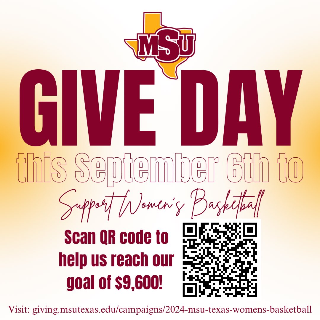 This Friday, September 6 is our GIVE day! ❤️💛 You can help by donating any amount and by sharing this link! We are half way there!! 🤩 Thank you for supporting MSU Women’s Basketball!! 🐎🏀

Click the link to give to MSU Women’s Basketball ➡️ 🔗 giving.msutexas.edu/campaigns/2024…
