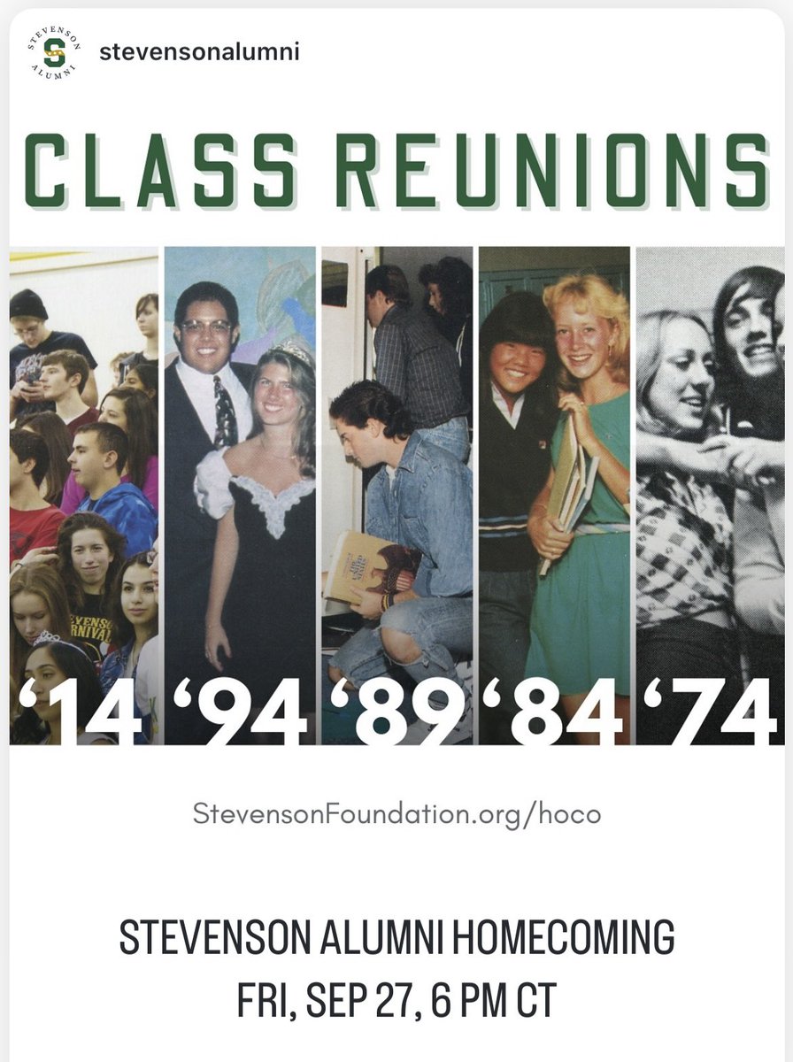 Upcoming Stevenson High School class reunions. StevensonFoundation.org/reunions