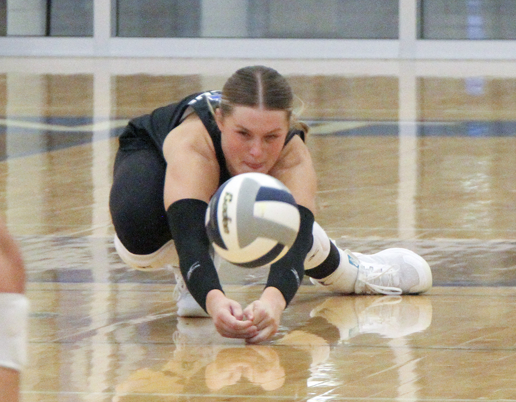 VB: <a href="/catebargen/">catelynn bargen</a> of <a href="/CentennialVB18/">Centennial Volleyball</a> dives for the ball against Central City Sept. 3. #broncoblue #notquiteapancake #keeptheballoffthefloor