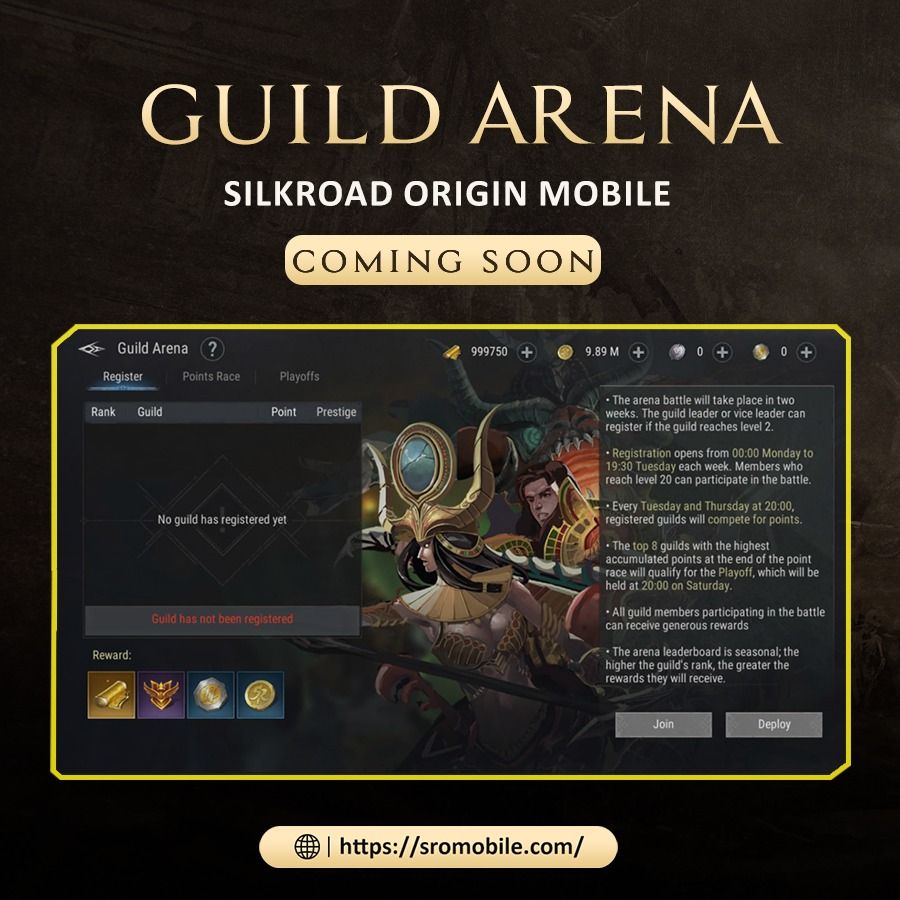 SilkroadOnlineM's tweet photo. Guild Arena is coming soon! ⚔️ Get ready for epic battles, unique objectives, and exclusive rewards. Are you and your guild ready to dominate? #GuildArena #SilkroadOriginMobile https://t.co/1G2E4sG8UA