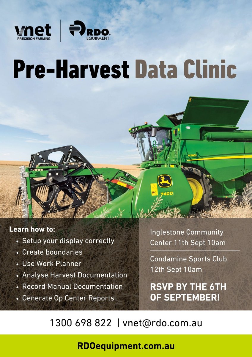 VNET Precision Farming (@vnetprecisionag) on Twitter photo We invite you to come along to our Pre-Harvest Data Clinic. Please RSVP to 1300 698 822 or email VNet@RDO.com.au We invite you to come along to our Pre-Harvest Data Clinic. Please RSVP to 1300 698 822 or email VNet@RDO.com.au