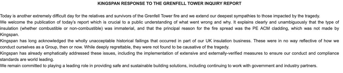 ianguider's tweet photo. Statement from Kingspan in response to #Grenfell Tower inquiry report. https://t.co/F9lcD3I8Ib