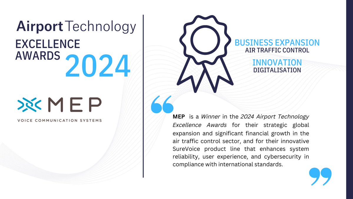 MEP has won two awards in the 2024 Airport Technology Excellence Awards, in the Business Expansion and Innovation categories, for its dedication to enhancing air traffic control through technological excellence and strategic growth.

Find out more - bit.ly/47earqY