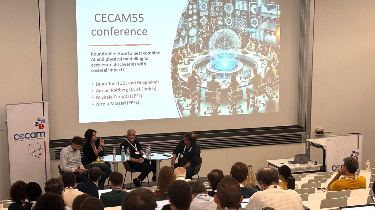 CECAM (@cecamevents) on Twitter photo Very interesting roundtable on "How to best combine AI and physical modelling to accelerate discoveries with societal impact?" moderated by <a href="/nicola_marzari/">Nicola Marzari</a>, with Laura Toni, <a href="/adrian_roitberg/">Adrian Roitberg 🏳️⚧️</a> & <a href="/MicheleCeriotti/">Michele Ceriotti</a> at the #CECAM55 conference! Very interesting roundtable on "How to best combine AI and physical modelling to accelerate discoveries with societal impact?" moderated by <a href="/nicola_marzari/">Nicola Marzari</a>, with Laura Toni, <a href="/adrian_roitberg/">Adrian Roitberg 🏳️⚧️</a> & <a href="/MicheleCeriotti/">Michele Ceriotti</a> at the #CECAM55 conference!