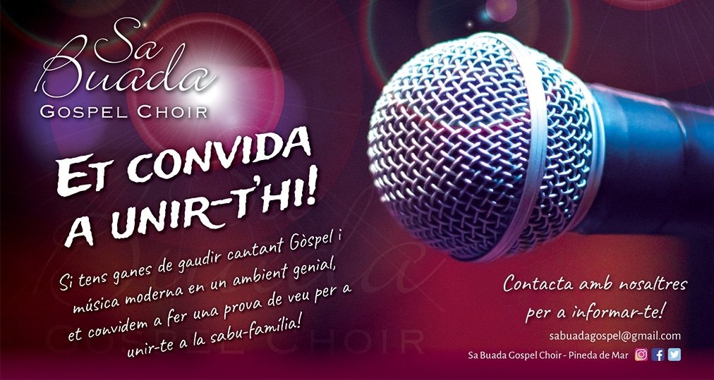 Ja ha arribat setembre i comencem nova temporada convidant-vos a formar part del nostre cor, si us agrada cantar i passar una bona estona cada dimarts al vespre, no us ho penseu més, veniu a Sa Buada Gospel Choir!!!🎶🎹🎤

Escriviu-nos al nostre correu  sabuadagospel@gmail.com