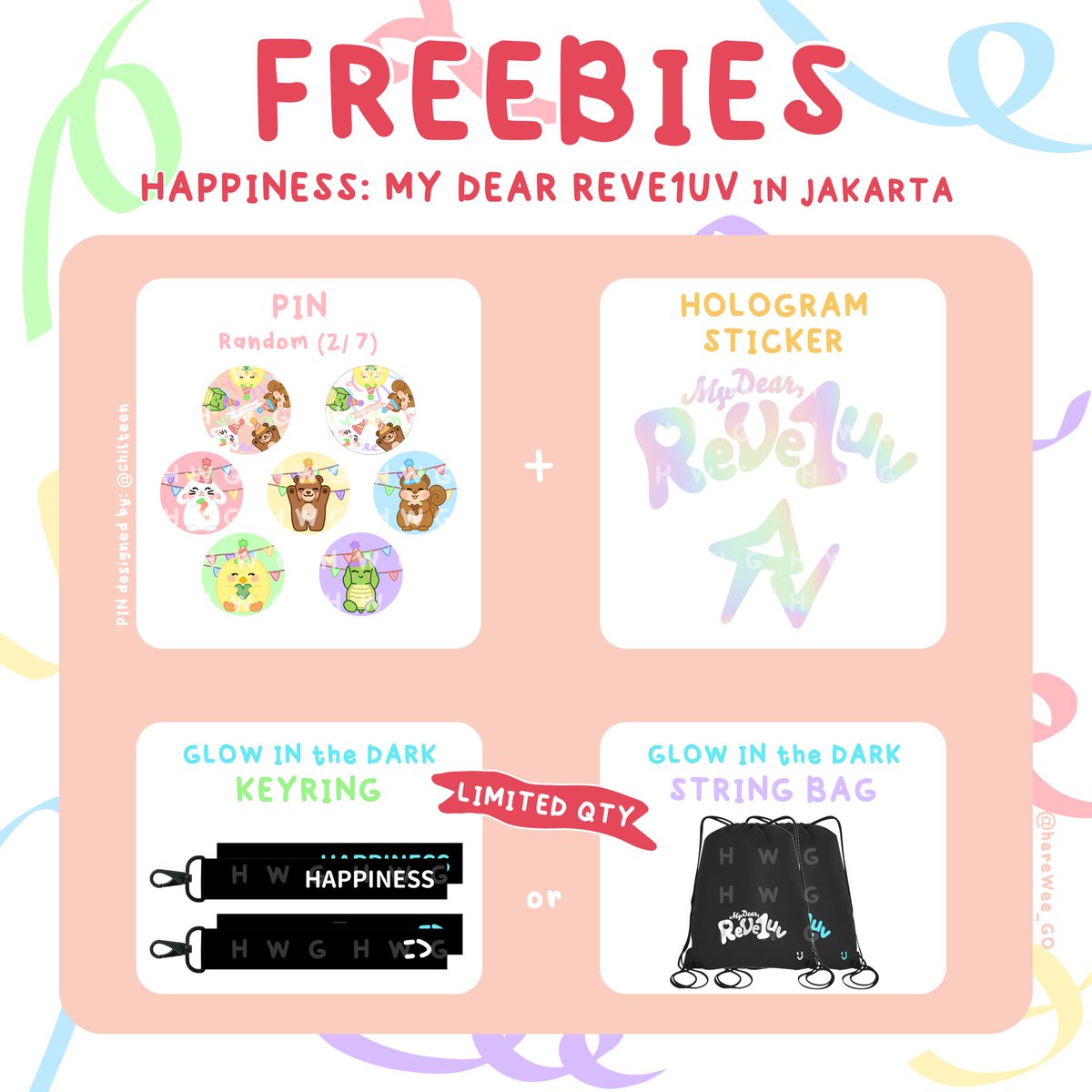 hereWee_GO's tweet photo. Luvies!! 🙌🏻
FREEBIES Fancon @RVsmtown  
HAPPINESS : My Dear, ReVe1uv in Jakarta 🎉 
Details &amp; rules ⬇️
See you soon luvies 🥰 
🩷💛💙💚💜

#RedVelvet #HAPPINESS_MyDear_ReVe1uv 
#RedVelvet_FANCON_TOUR_in_JAKARTA #2024_RedVelvet_FANCONTOUR https://t.co/KYrGqNfbbV