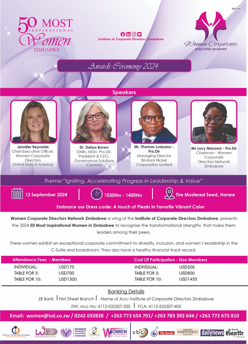 Join us for the 2024 Awards Ceremony on September 13th, 10:30 AM - 2 PM at The Mustered Seed, Harare!  Celebrate groundbreaking leaders and hear from dynamic speakers. Let’s connect, celebrate, and ignite our passion for leadership!  Don’t miss out!