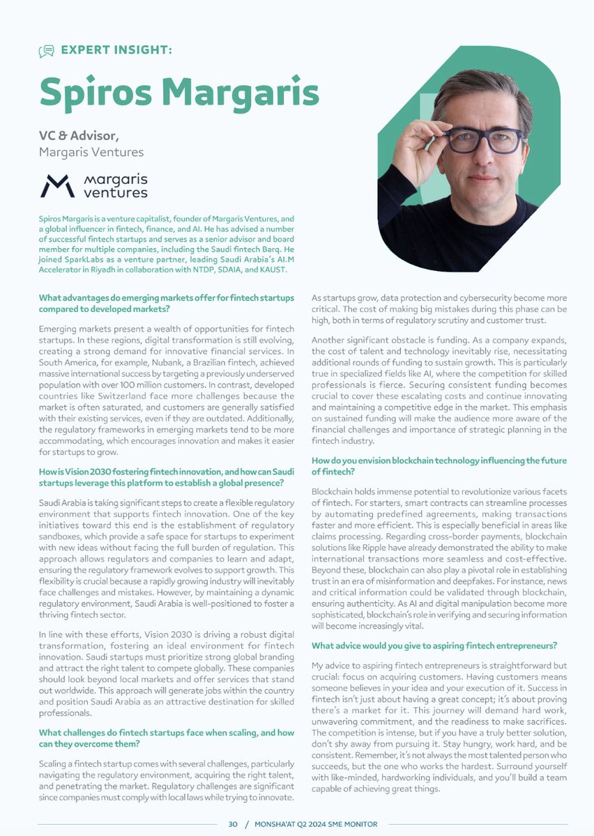 I’m excited to be featured in the latest #SMEMonitor by <a href="/MonshaatSA/">منشآت | Monshaat</a>  which offers valuable insights into local and global #fintech sectors. In my section, I discuss the opportunities for #fintech innovation in emerging markets and how #Vision2030 is driving startup growth.