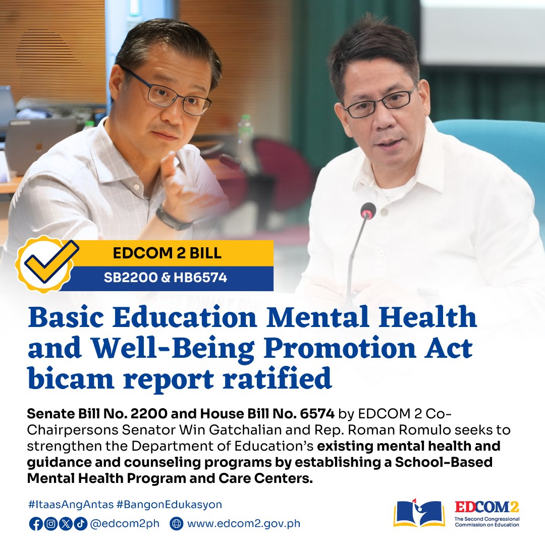 edcom2ph's tweet photo. Ratified na ang bicam report ng Basic Education Mental Health and Well-Being Promotion Act nina #EDCOM2 Co-Chairpersons Rep. Roman Romulo at Senator Win Gatchalian! Layon ng EDCOM 2 bill na palakasin pa ang mental health and guidance and counseling programs ng DepEd Philippines gamit ang School-Based Mental Health Program at ang paggawa ng Care Centers sa bawat public basic education institution.
#BangonEdukasyon #ItaasAngAntas