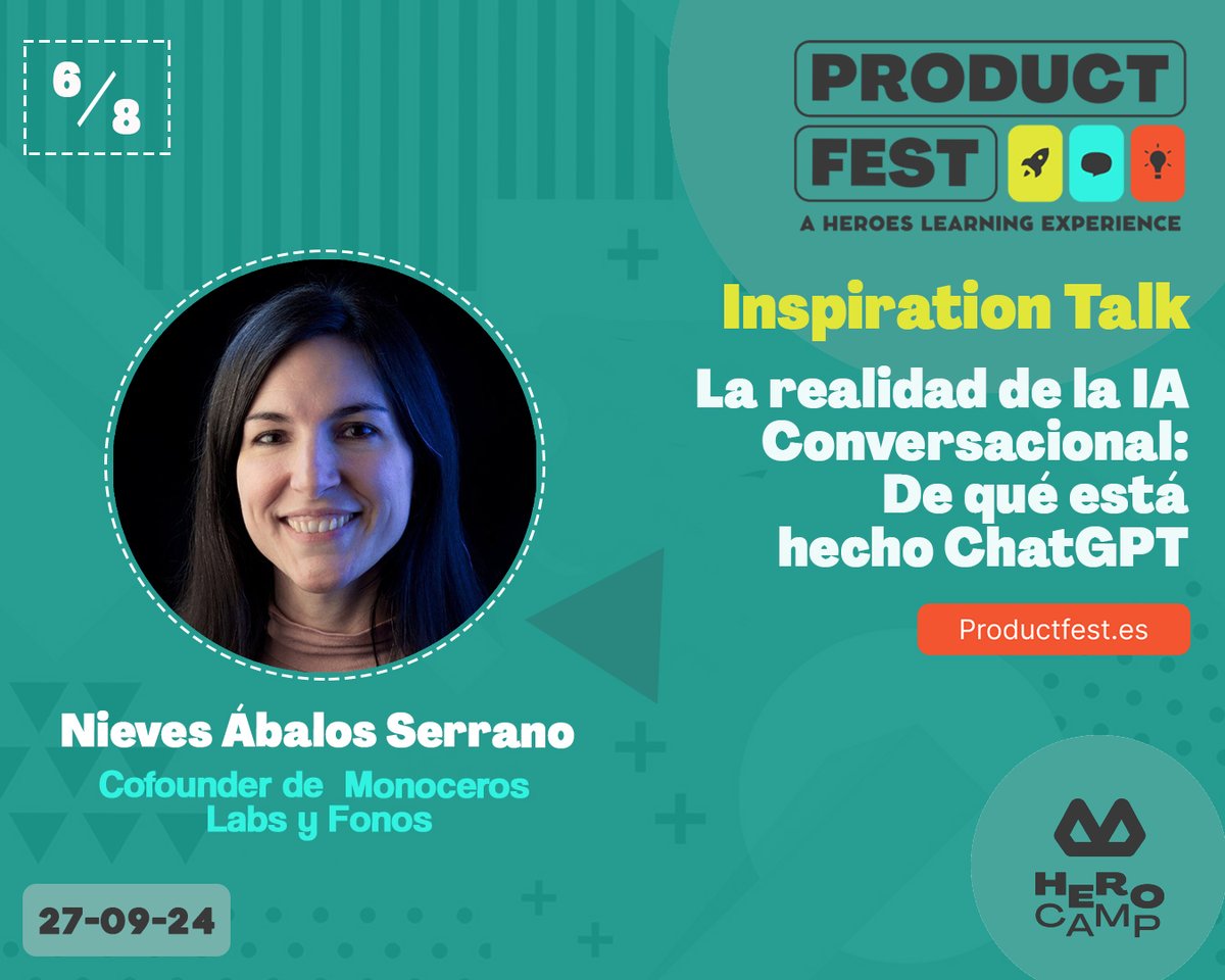 🔔Sexta charla del #ProductFest24
Nieves Ábalos Serrano, Cofounder de Monoceros Labs, hablará sobre los #chatbots y las voces sintéticas que están cambiando el mundo, empezando por #GPT-4 de OpenAI 🤖

Nos vemos el 27/09 en el <a href="/talentgardenen/">Talent Garden Global</a> #Madrid 🎟️productfest.es/?utm_source=Li…