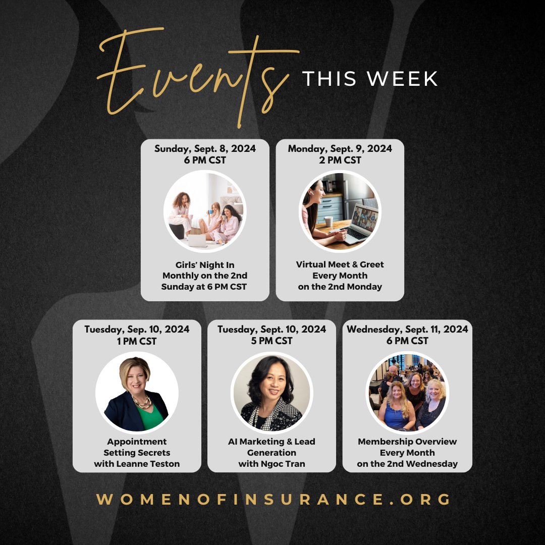 wmnofinsurance's tweet image. Save the Dates for This Week&apos;s Training and Events!

ACTIVE TRAINING MEMBERSHIP OR CHAPTER MEMBERSHIP IS REQUIRED TO ATTEND.

Visit womenofinsurance.org/membership to subscribe or apply for access.

#womenofinsurance #MonthlyEvent #recurringevents #professionaldevelopment