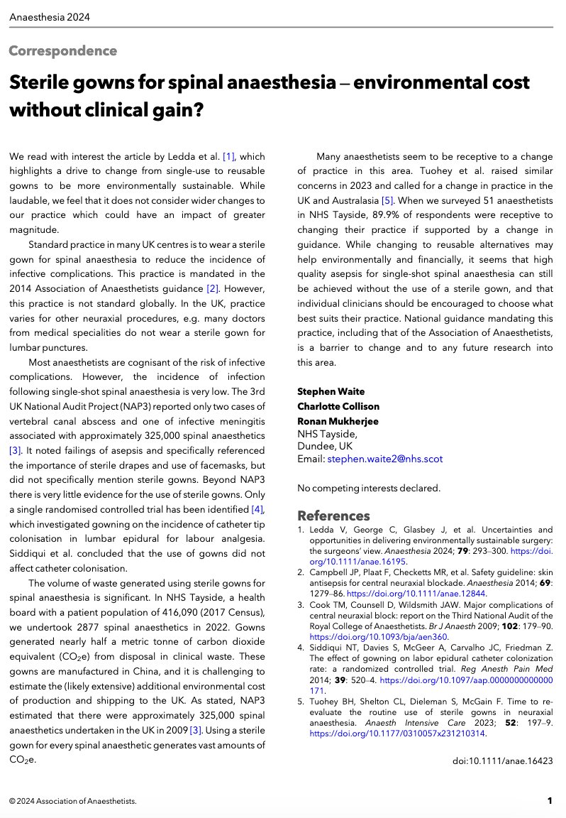 ๐๐ฏ๐ข๐ฆ๐ด๐ต๐ฉ๐ฆ๐ด๐ช๐ข (@anaes_journal) on Twitter photo How much carbon dioxide equivalent is generated from the disposal of gowns worn for the administration of a single-shot spinal?
From 2877 spinal anaesthetics - nearly half a metric tonne!
Plus the cost of production and shipping from China.
๐โฆ-publications.onlinelibrary.wiley.com/doi/10.1111/anโฆ How much carbon dioxide equivalent is generated from the disposal of gowns worn for the administration of a single-shot spinal?
From 2877 spinal anaesthetics - nearly half a metric tonne!
Plus the cost of production and shipping from China.
๐โฆ-publications.onlinelibrary.wiley.com/doi/10.1111/anโฆ