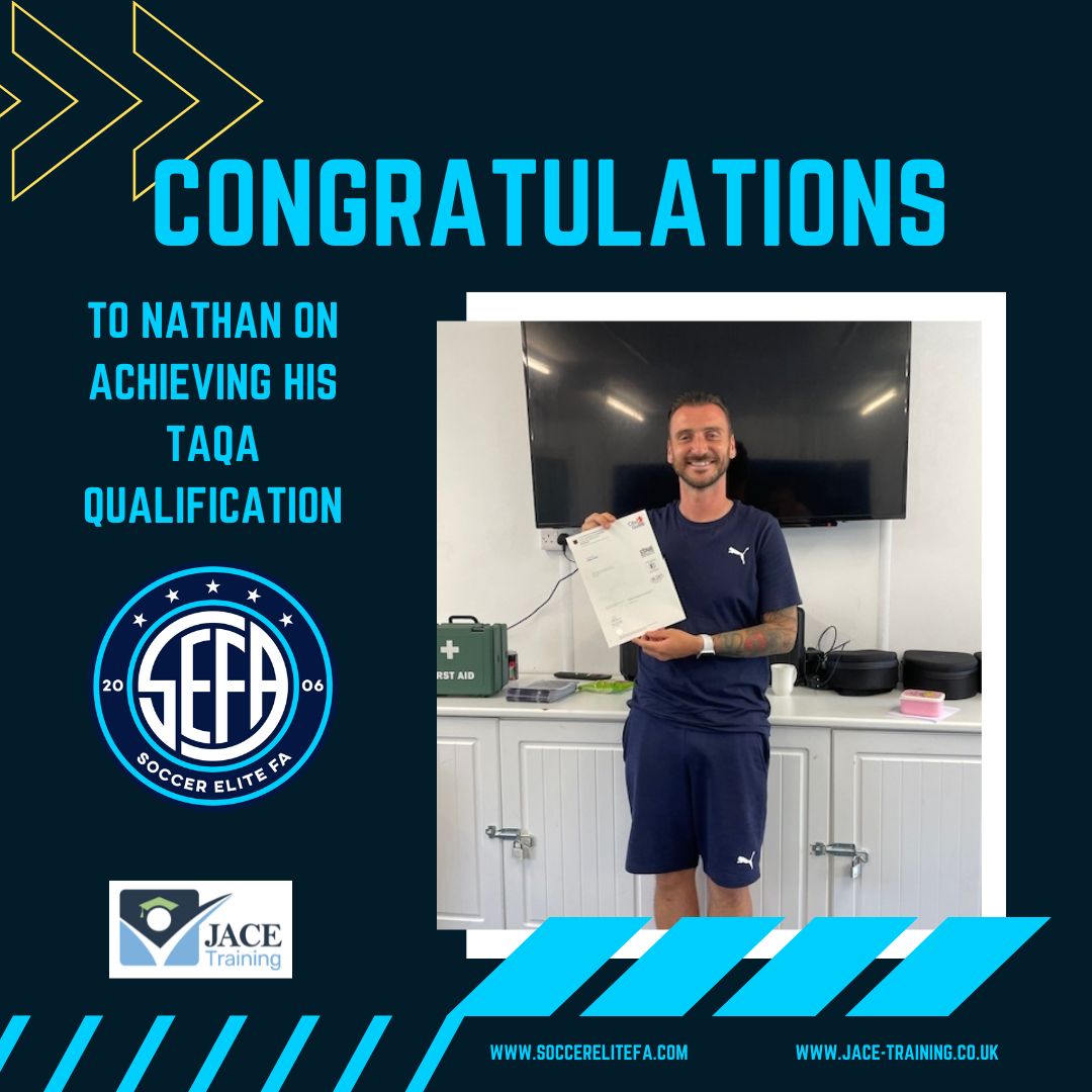 JACETraining's tweet image. Congratulations to Nathan @soccerelitefa for achieving his TAQA qualification! #welldone #TAQA #teachingqualification #apprenticeships #kent #Medway